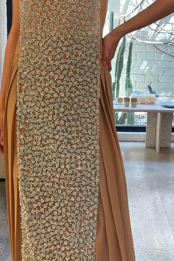 Beaded Apron Dress in Nude For Cheap