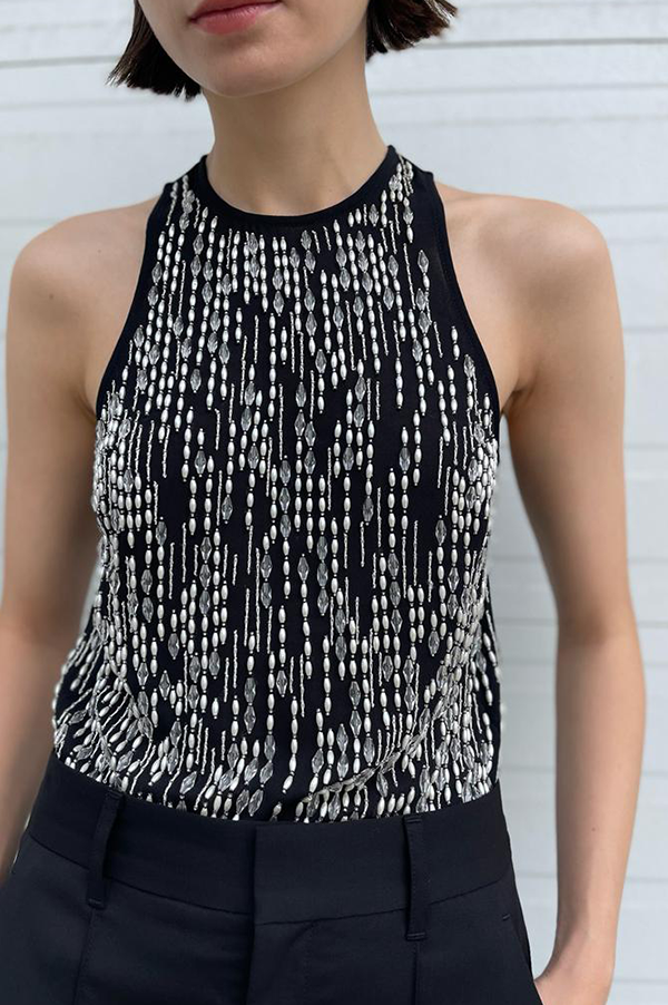 Hand Beaded Racer Top in Black For Discount