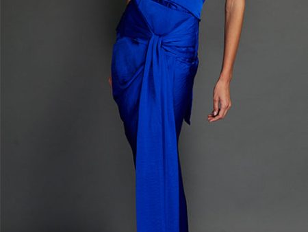 Blue Washed Satin Draped Halter Dress Supply