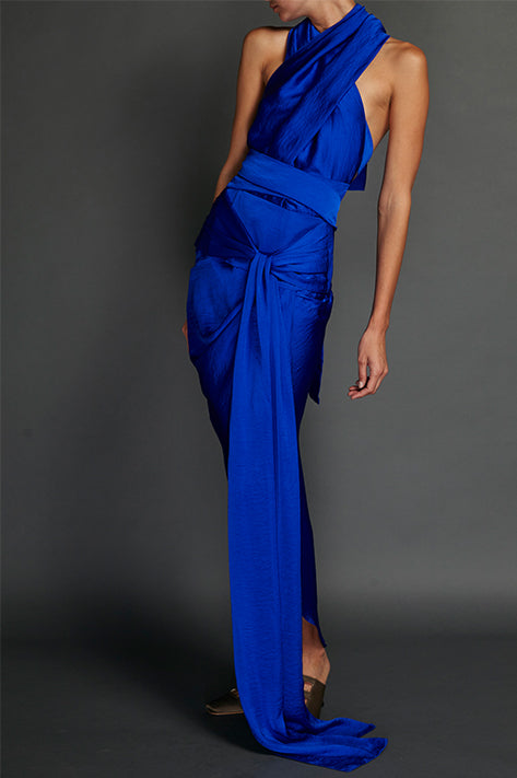 Blue Washed Satin Draped Halter Dress Supply