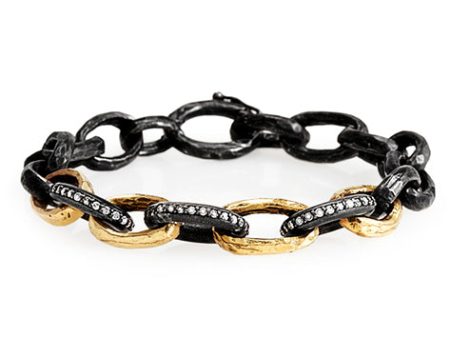 Oxidized Silver Hammered Bracelet With 14K Polished Yellow Gold And 3 Oval Diamond Links For Cheap