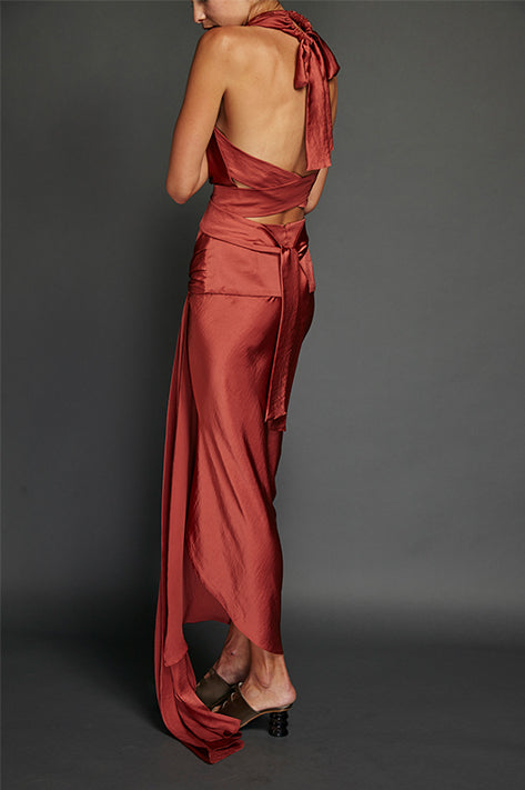 Brick Washed Satin Draped Halter Dress (Sold Out) Sale