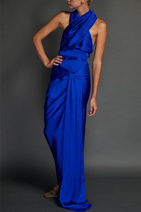 Blue Washed Satin Draped Halter Dress Supply