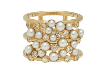 14k Yellow Gold Pearl and Diamond Cluster Ring Online Sale