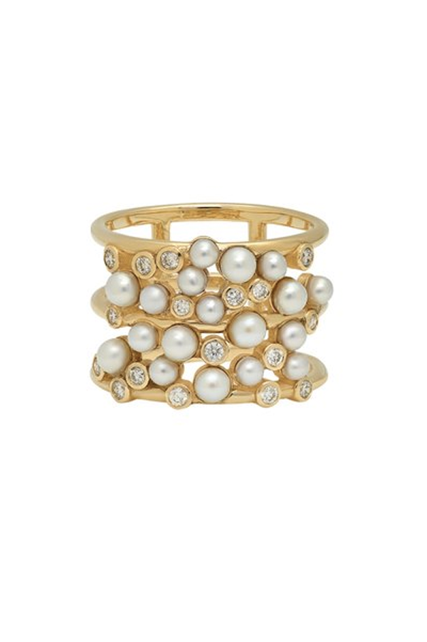 14k Yellow Gold Pearl and Diamond Cluster Ring Online Sale