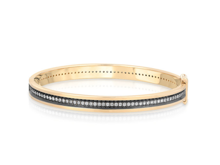 Narrow Line 14K Yellow Gold Bangle with Black Ruthenium Bevel Trim Online Sale