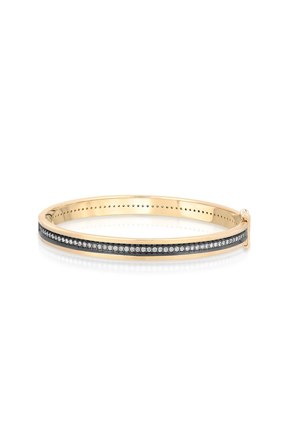 Narrow Line 14K Yellow Gold Bangle with Black Ruthenium Bevel Trim Online Sale