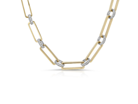 14K Yellow Gold Long Oval Link Necklace with Silver & White Diamond Rondelles For Sale