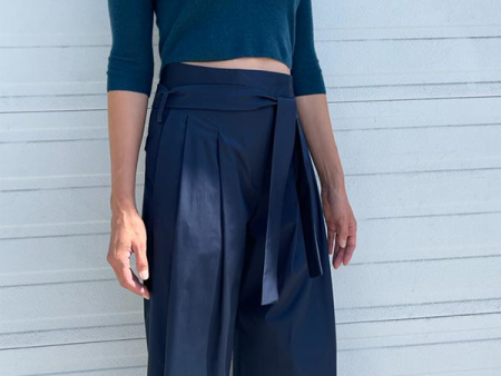 Wide Leg Pant with Belt in Navy Hot on Sale