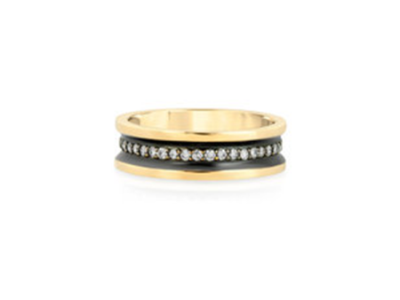 Diamond Line 14K Gold Thin Band with Black Ruthenium Trim For Sale