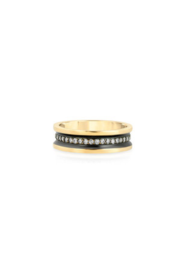 Diamond Line 14K Gold Thin Band with Black Ruthenium Trim For Sale