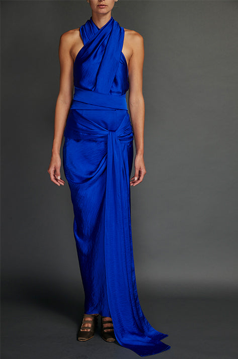 Blue Washed Satin Draped Halter Dress Supply