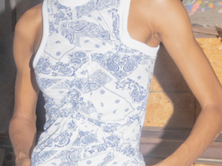 Bungee Cord Tank in White Cobalt Paisley Print on Sale