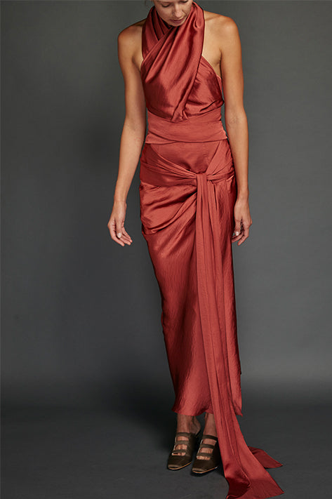 Brick Washed Satin Draped Halter Dress (Sold Out) Sale