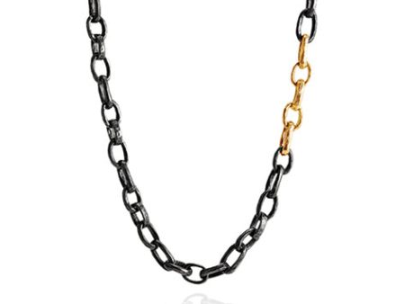 40  Oxidized Silver Hammered Chain Necklace With 14K Polished Yellow Gold Links Online Hot Sale