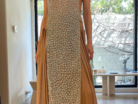 Beaded Apron Dress in Nude For Cheap