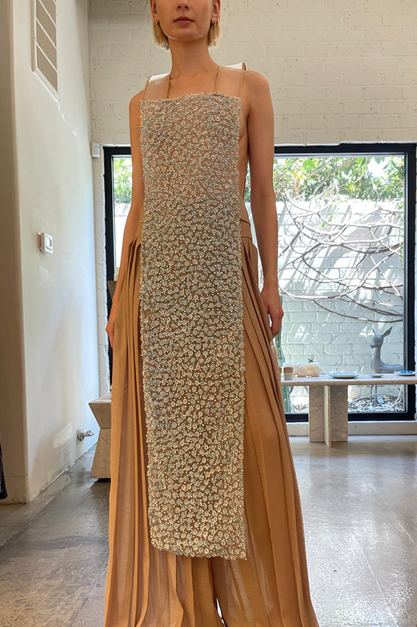 Beaded Apron Dress in Nude For Cheap